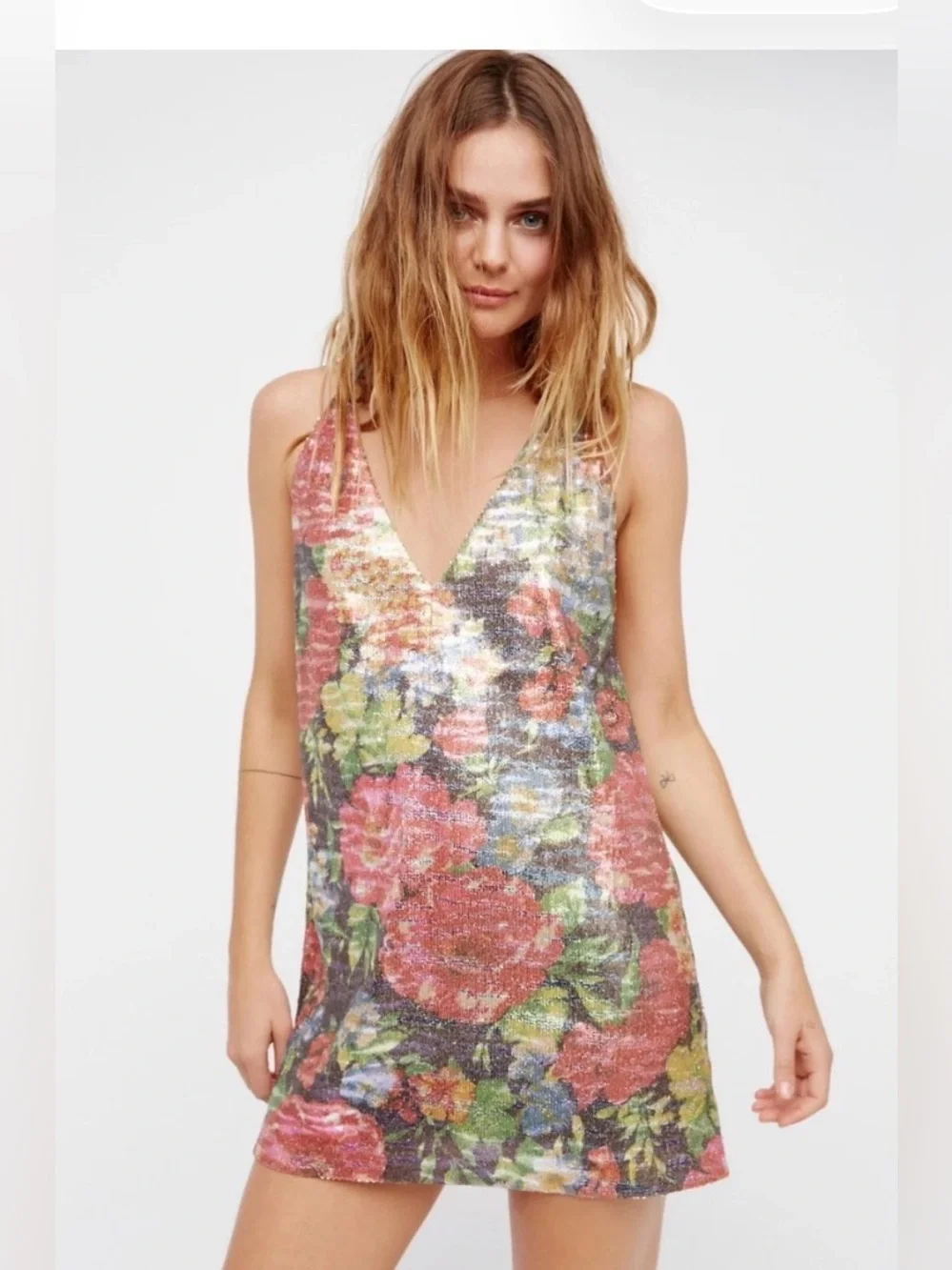 Free People Tangier Pink Multi Floral Sequin Mini Dress - Picture 1 of 12